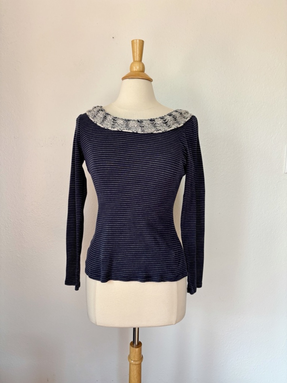 Anthropologie Striped Crochet Collar Long Sleeve T-Shirt